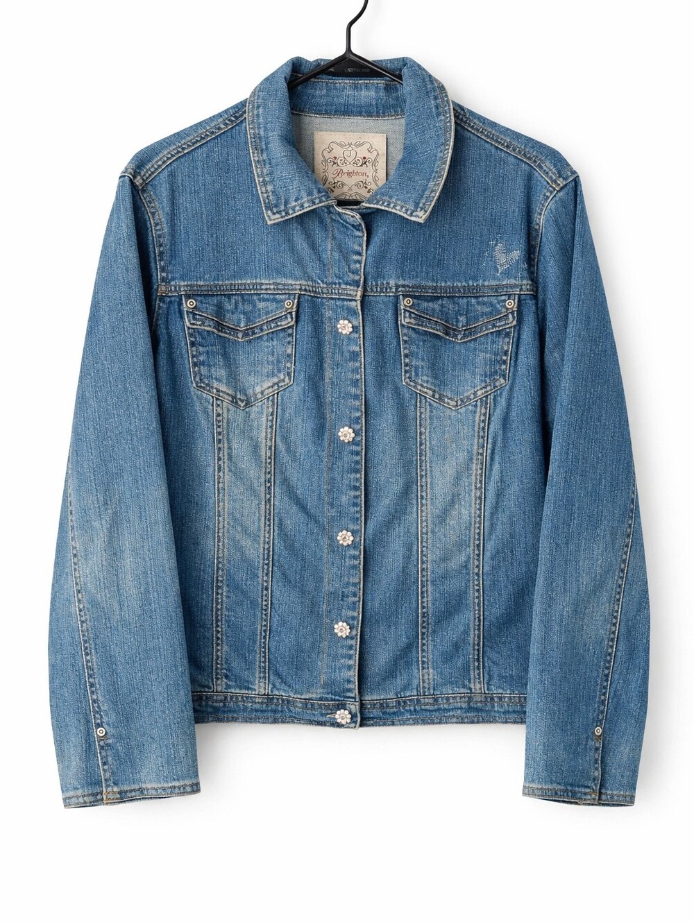 Brighton "Follow Your Heart" light wash denim jacket 21" PTP Estimated Size L?